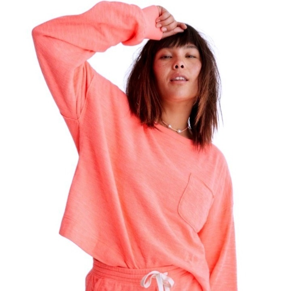 Aerie Endless Summer Crew Sweatshirt Women Coral Pink Slub Knit Cropped Medium